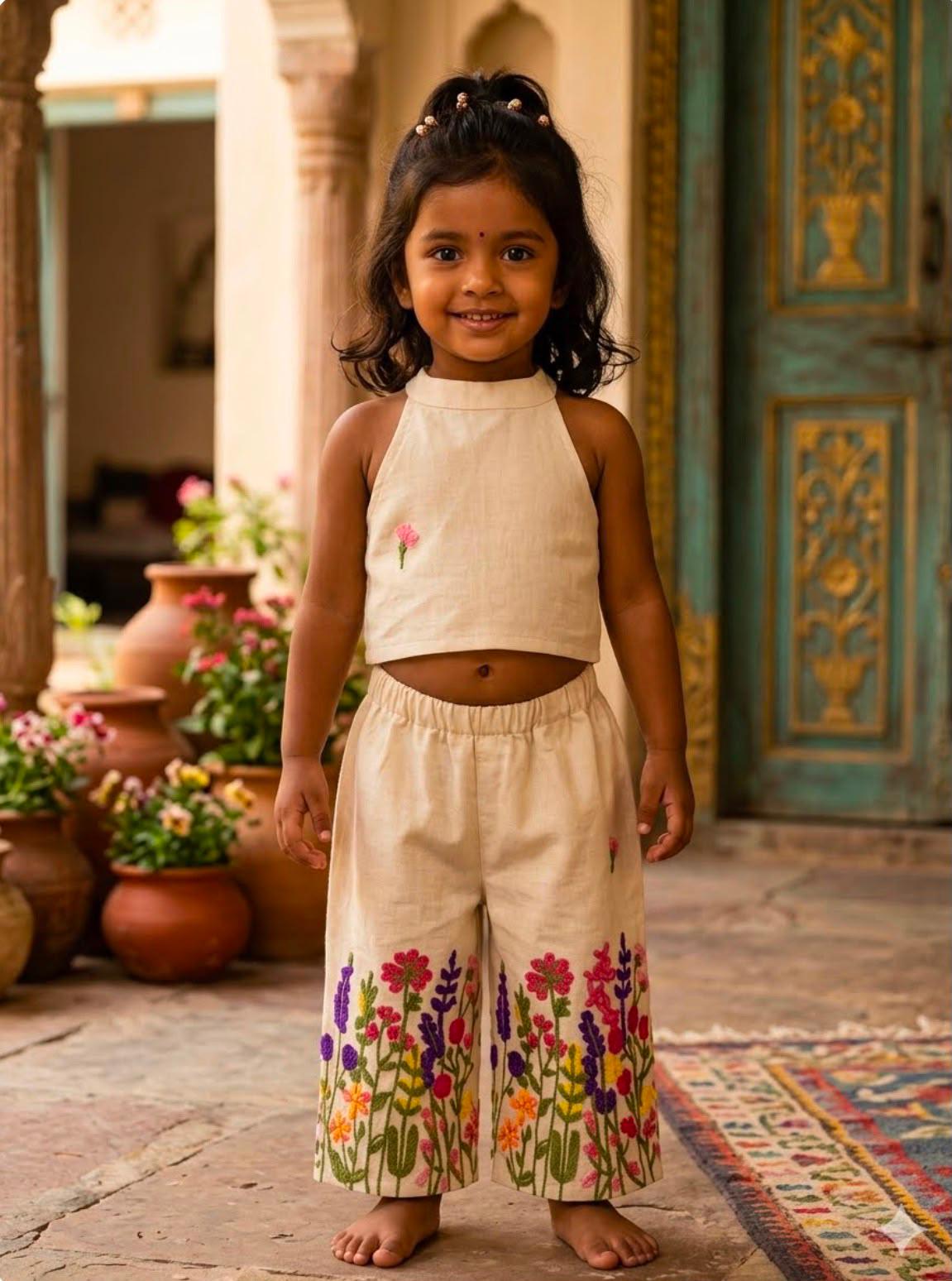 Floral Embroidered Halter Neck Co-Ord Set for Girls